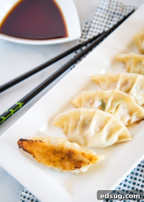 Gyoza: Japanese Pan-Fried Dumplings 4 gyoza on white plate
