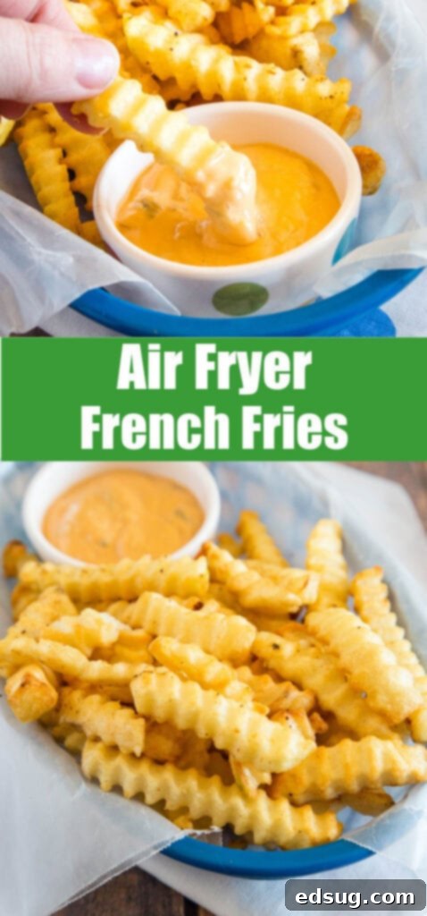 A collection of air fryer French fries in a basket with various dipping sauces on the side.