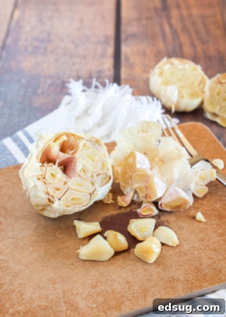 roasted garlic on cutting board