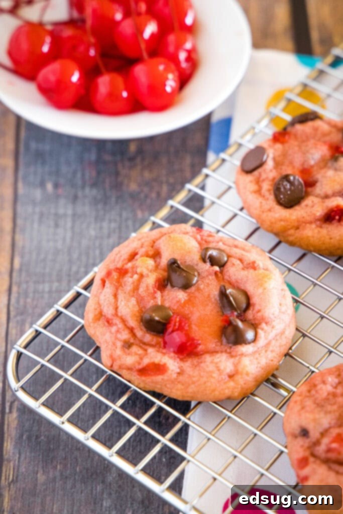 cherry chocolate chip cookies on cooling rack