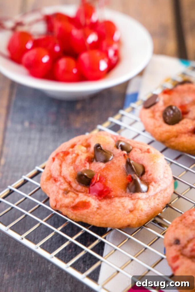 cherry cookies on a cooling rack