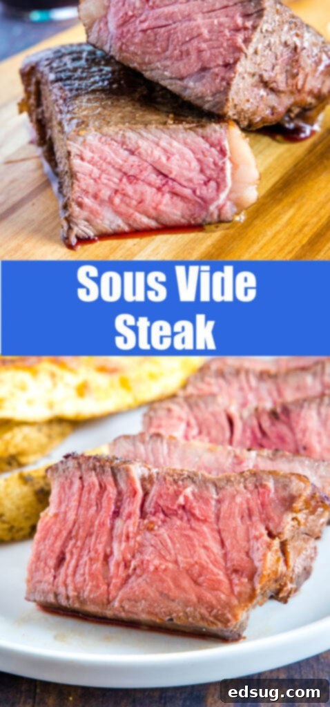 Sous Vide Steak Perfection 9 a collage of various sous vide cooked steak images for Pinterest, showcasing the process and final dish