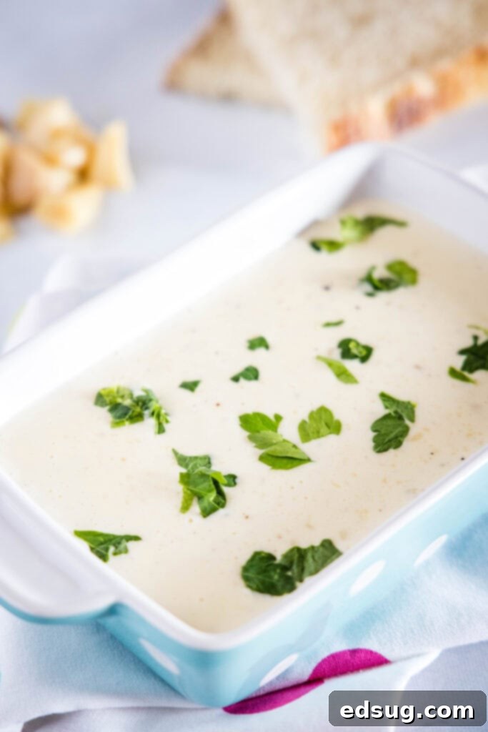 garlic cream sauce in a dish sprinkled with parsley