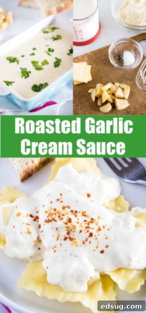 cream sauce with roasted garlic pin for pinterest