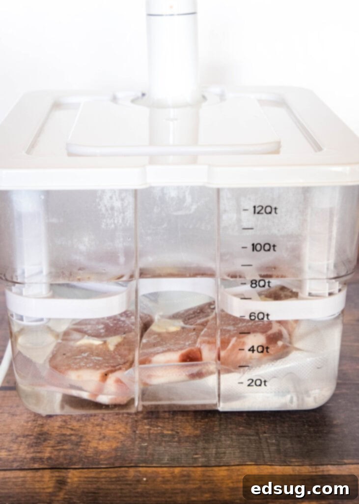 Effortlessly Perfect Sous Vide Pork Chops 6 Vacuum-sealed pork chops submerged in a clear sous vide water bath with an immersion circulator visible.