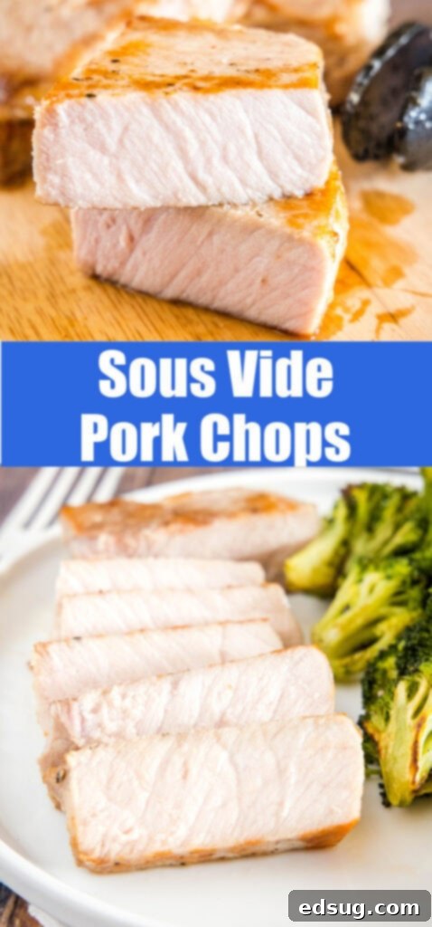 Effortlessly Perfect Sous Vide Pork Chops 10 Collage of various sous vide pork chop images, including raw, cooking, and served versions, optimized for Pinterest.