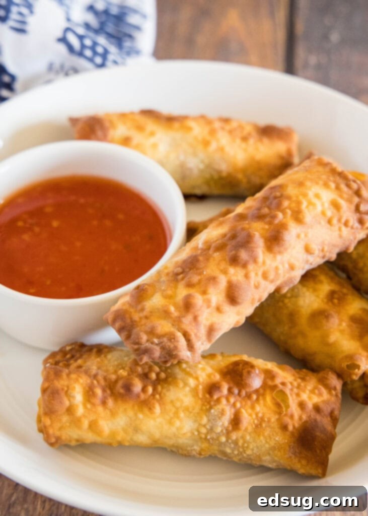 Perfect Air Fryer Egg Rolls 2 cooked egg rolls on a plate with dipping sauce