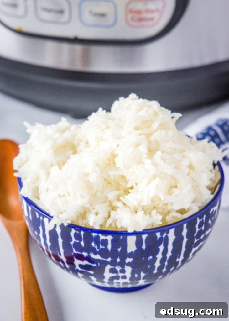 Perfect Instant Pot Jasmine Rice 2 a bowl of white rice with Instant Pot in the background, showcasing perfectly cooked jasmine rice