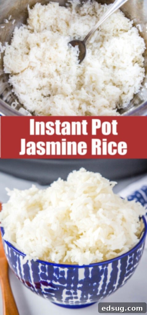 Perfect Instant Pot Jasmine Rice 6 pinterst collage with bowl of white rice and fluffed rice in Instant Pot, showing the versatility of the recipe