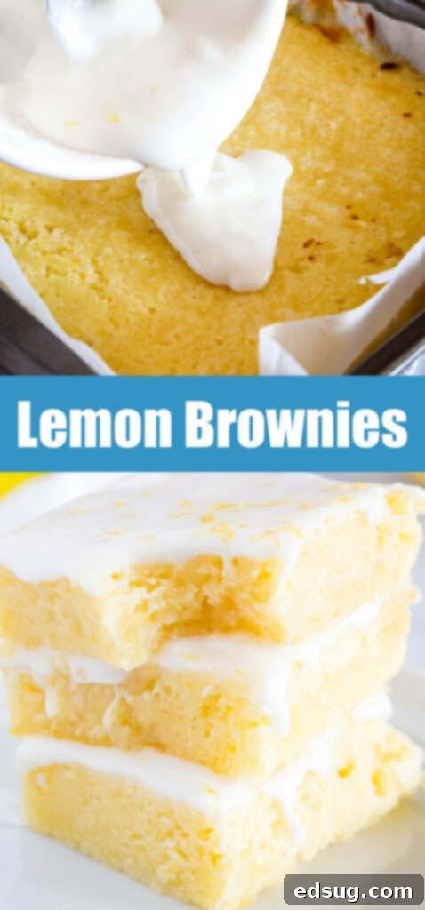 Sunshine Lemon Brownies 6 lemon blondies with glaze being poured on