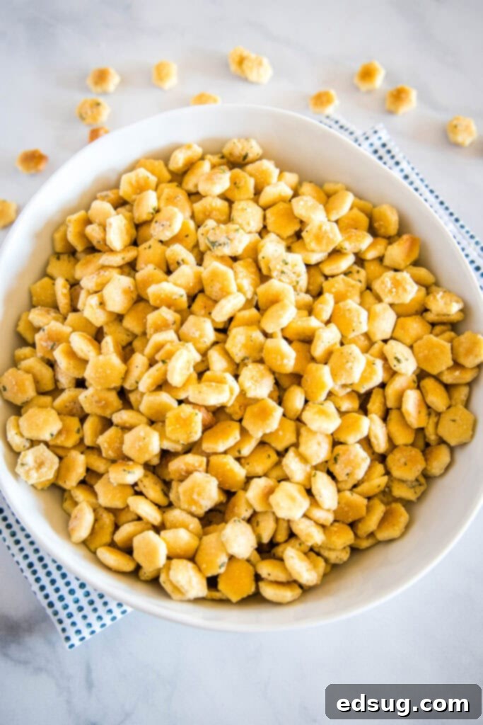 ranch flavored oyster crackers in white bowl