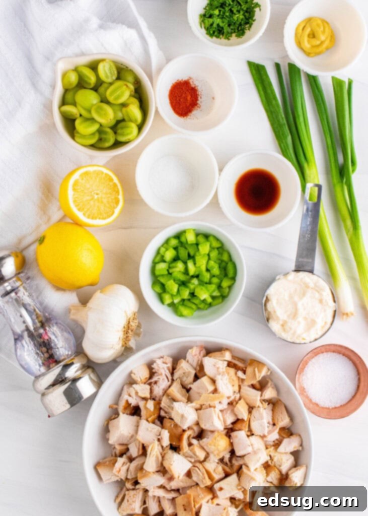 Fresh ingredients laid out for making chicken salad with grapes: cooked chicken, halved grapes, celery, scallions, and herbs.