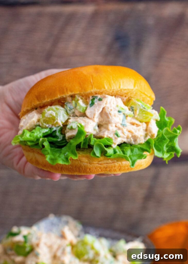 A hand holding a delicious chicken salad sandwich made with grapes, showing the rich filling.
