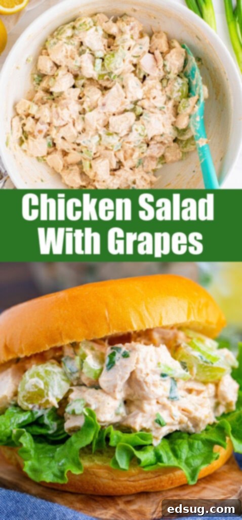 A close-up shot of creamy chicken salad with grapes, perfect for a Pinterest share.