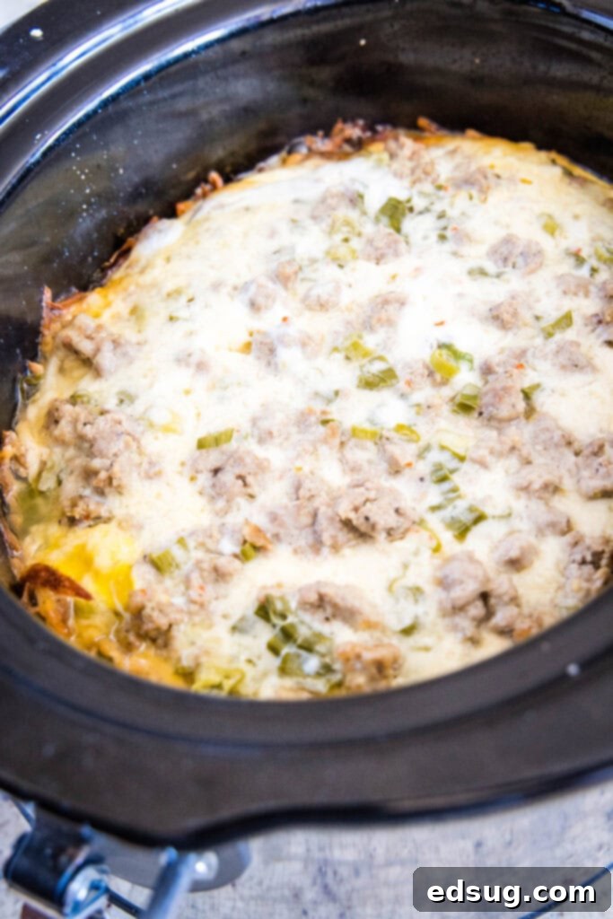 Overnight Slow Cooker Breakfast Bake 5 cooked breakfast casserole in the slow cooker