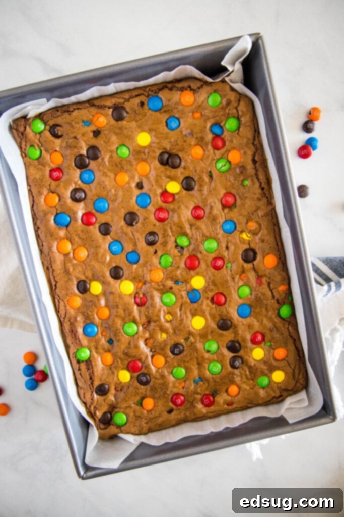 Colorful M and M Brownies 3 Freshly baked M&M brownies cooling in a pan