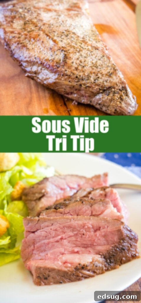 tri tip on cutting board and sliced in collage for pinterest