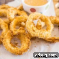 Crispy Air Fryer Onion Rings 8 Close up of perfectly air-fried onion rings
