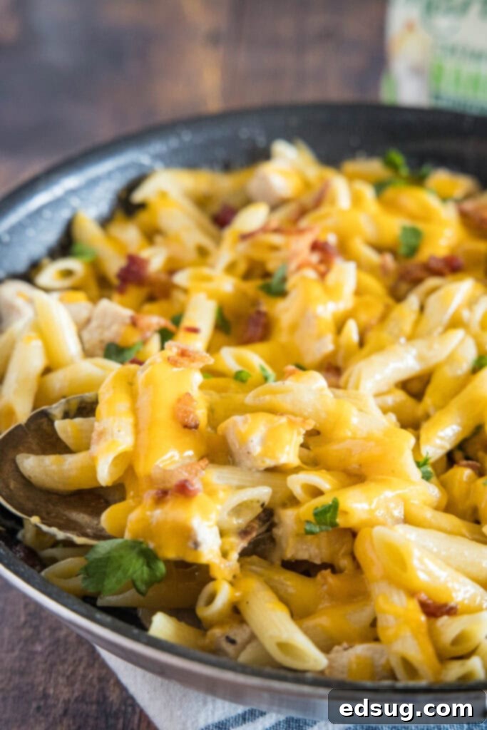 Creamy Chicken Bacon Ranch Pasta 2 Spoonful of cheesy Chicken Bacon Ranch Pasta being lifted from a skillet