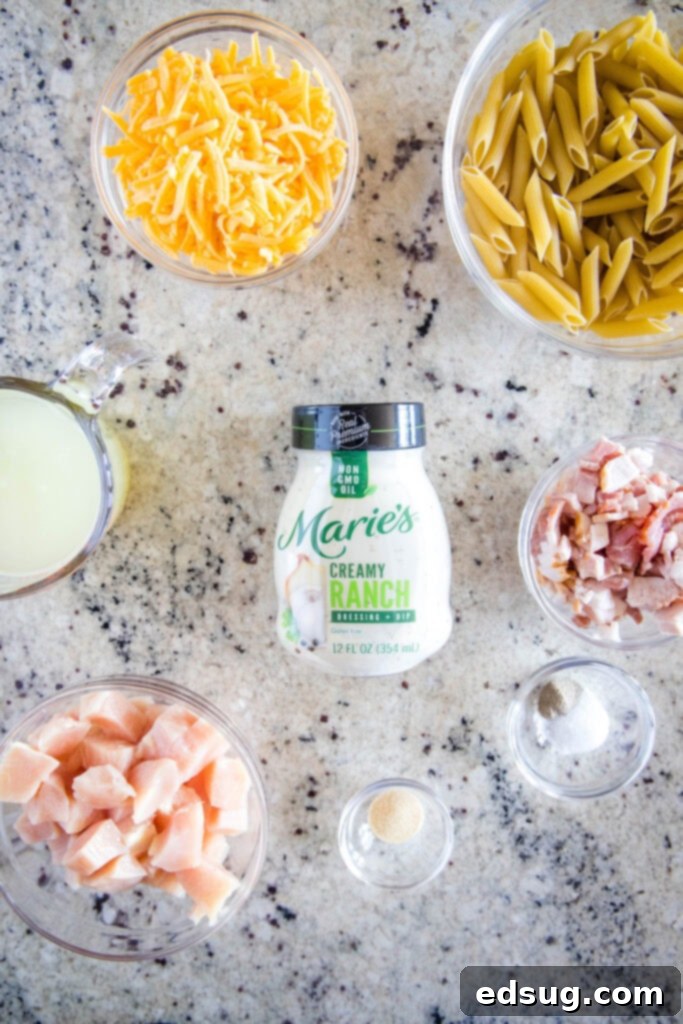 Creamy Chicken Bacon Ranch Pasta 3 Ingredients laid out for making Chicken Bacon Ranch Pasta