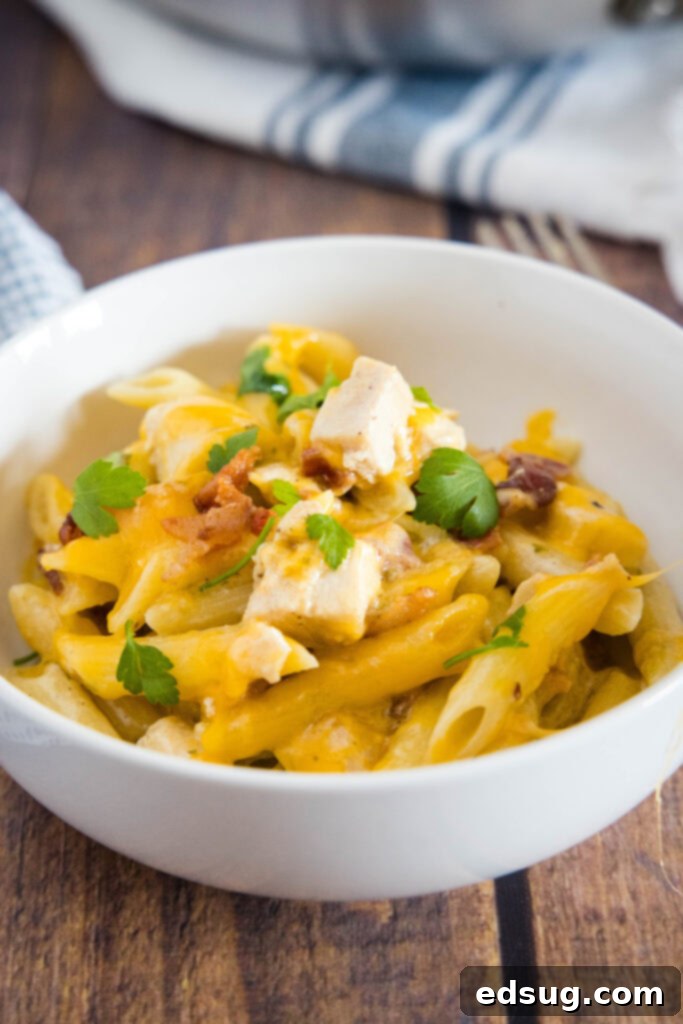 Creamy Chicken Bacon Ranch Pasta 4 A bowl filled with creamy Chicken Bacon Ranch Pasta, garnished with parsley