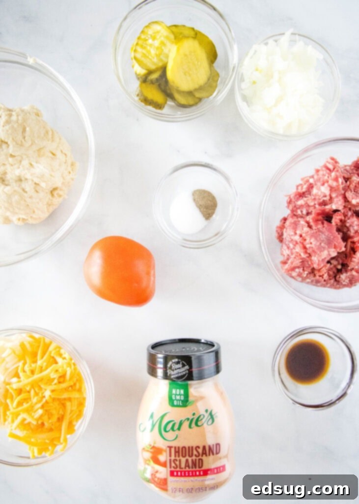 Loaded Burger Pie 3 Assortment of fresh ingredients laid out for making Cheeseburger Pizza, including ground beef, cheese, and vegetables.