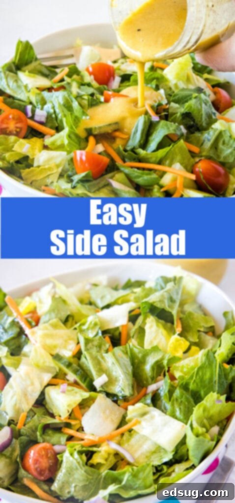 A collage of three images showcasing a simple tossed salad: ingredients, pouring dressing, and the finished mixed salad.