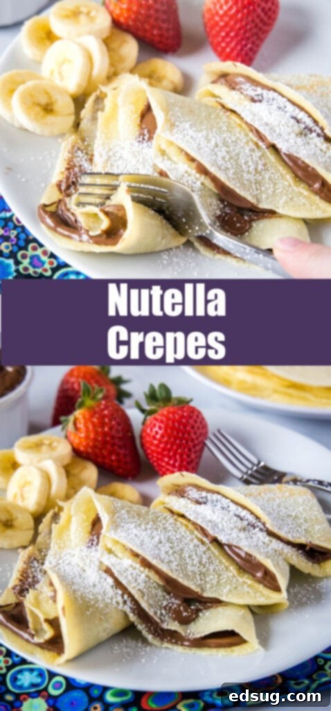 a close-up of folded crepes filled with Nutella and dusted with powdered sugar