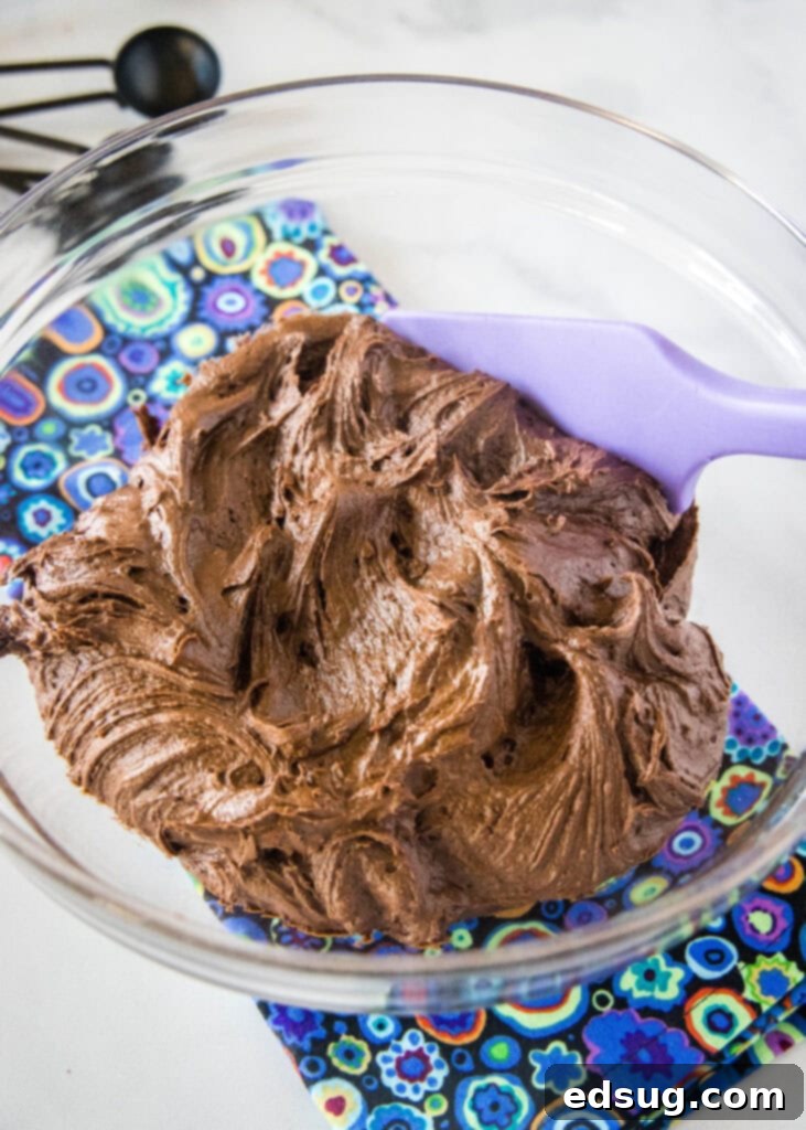 No-Fuss Chocolate Frosting 5 bowl filled with fluffy chocolate frosting