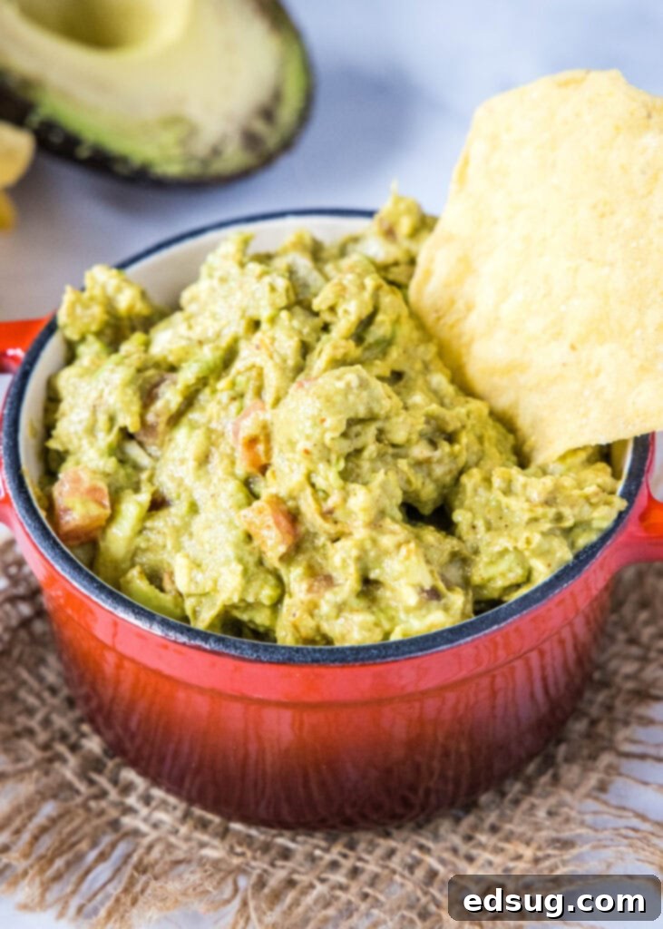 guacamole in a bowl with a chip