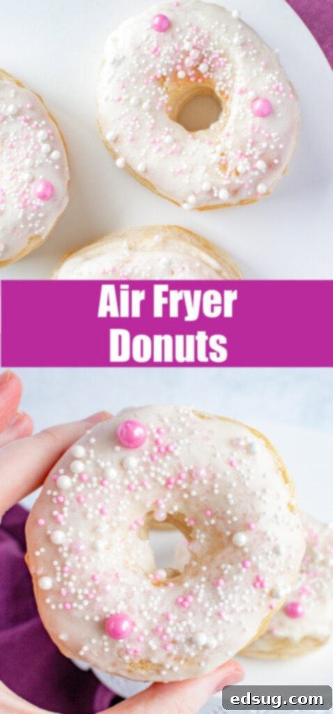 A close-up of a stack of air fryer donuts with vanilla glaze and sprinkles, perfect for a Pinterest feature.
