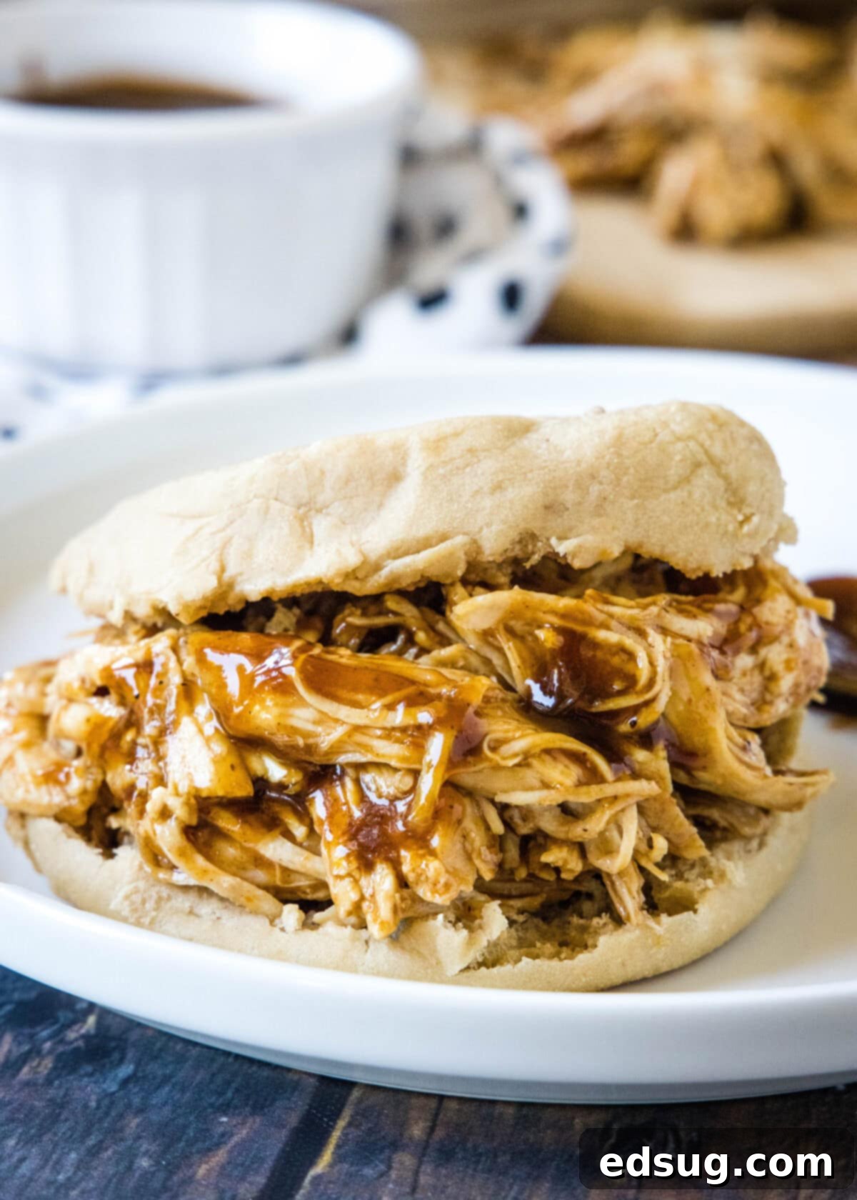 Effortless Instant Pot BBQ Chicken 5 Shredded BBQ chicken sandwich on an English muffin