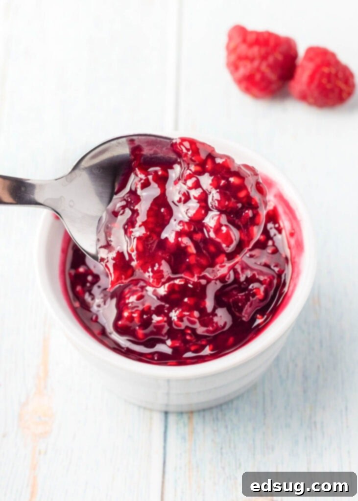 Effortless Raspberry Sauce 2 Spoonful of vibrant homemade raspberry sauce, showcasing its smooth texture and rich color.