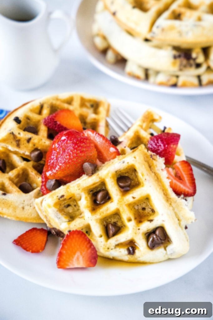 Decadent Chocolate Chip Waffles 3 pieces of chocolate chip waffles on plate with strawberries