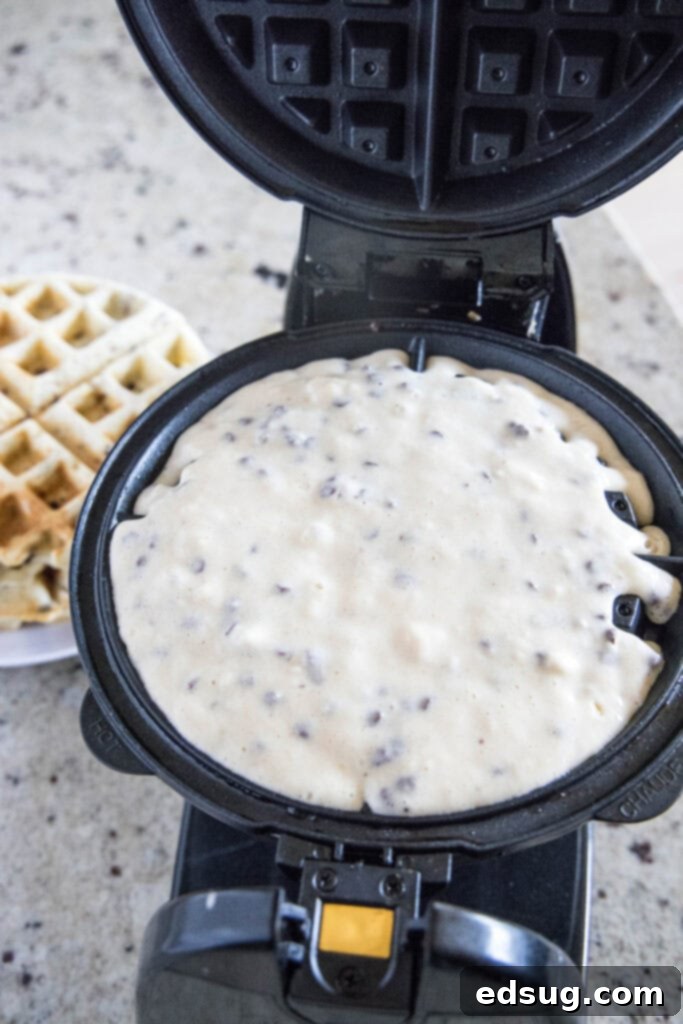 Decadent Chocolate Chip Waffles 5 adding batter to waffle iron