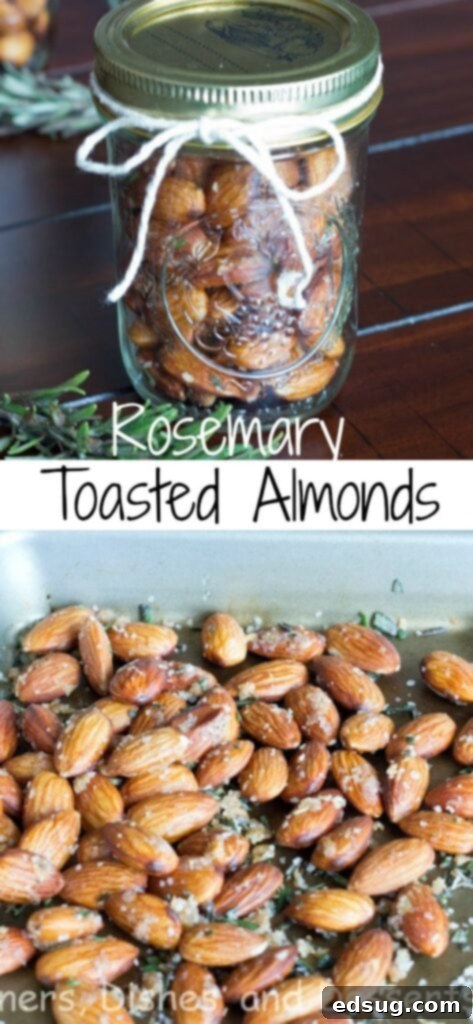 A bowl of garlic rosemary scented almonds with fresh herbs scattered around, emphasizing the light toasting and savory flavor profile