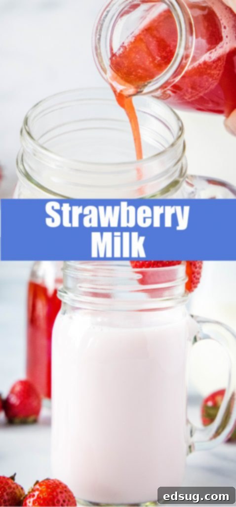 homemade strawberry milk recipe pin for Pinterest, showcasing a glass of delicious, fresh strawberry milk