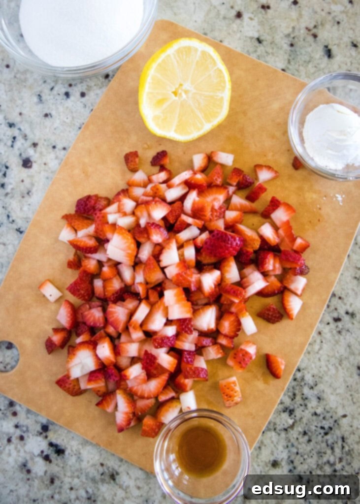 A flat lay of fresh strawberries, sugar, lemon, cornstarch, and vanilla extract - ingredients for homemade strawberry syrup.