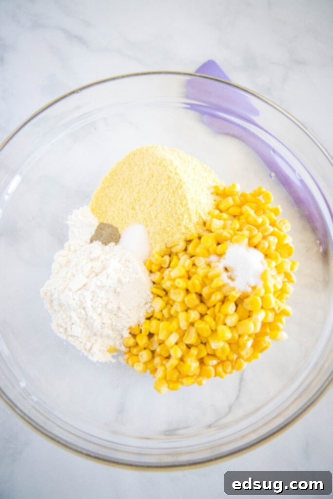 Golden Corn Bites 3 ingredients for corn fritters in a bowl