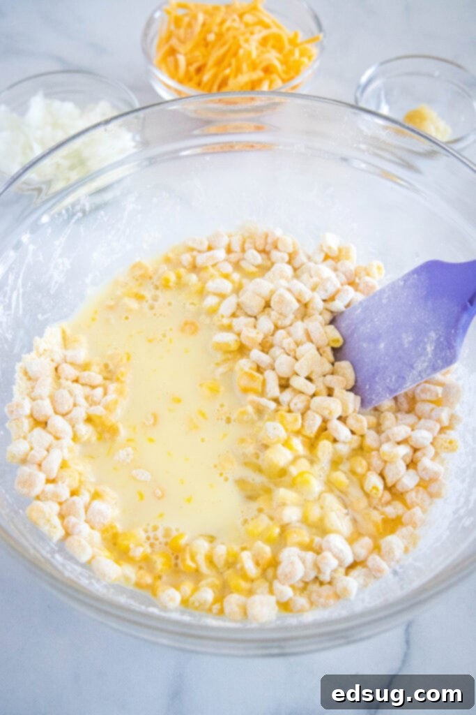 Golden Corn Bites 4 corn fritter batter being made in a bowl