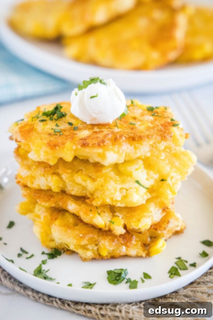 Golden Corn Bites 5 stack of corn fritters on a plate topped with sour cream