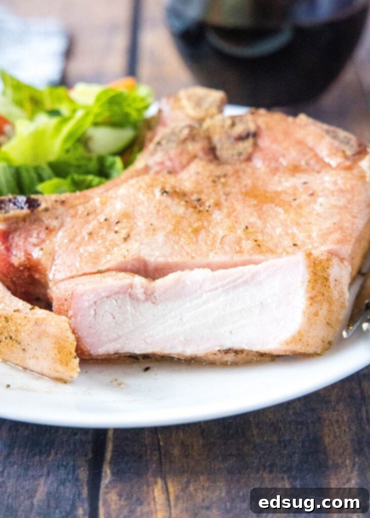 Succulent Smoked Pork Chops 6 Close-up of a perfectly cooked and sliced smoked pork chop, showcasing its juiciness and texture.