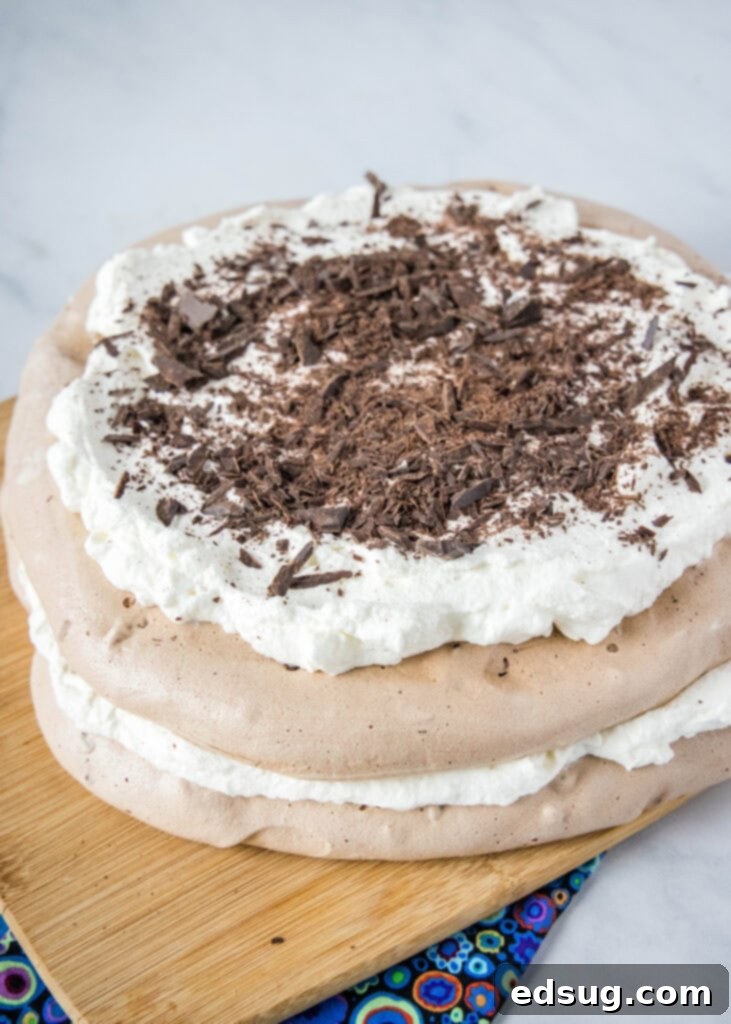 chocolate pavlova cake with whipped cream, ready for serving