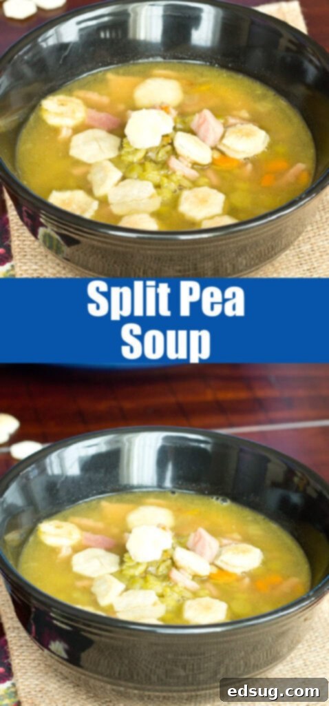 close up split pea soup in black bowl