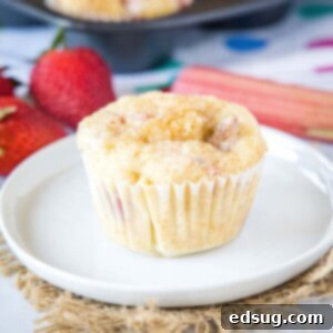 Delightful Strawberry Rhubarb Muffins 7 close up strawberry rhubarb muffin on white plate