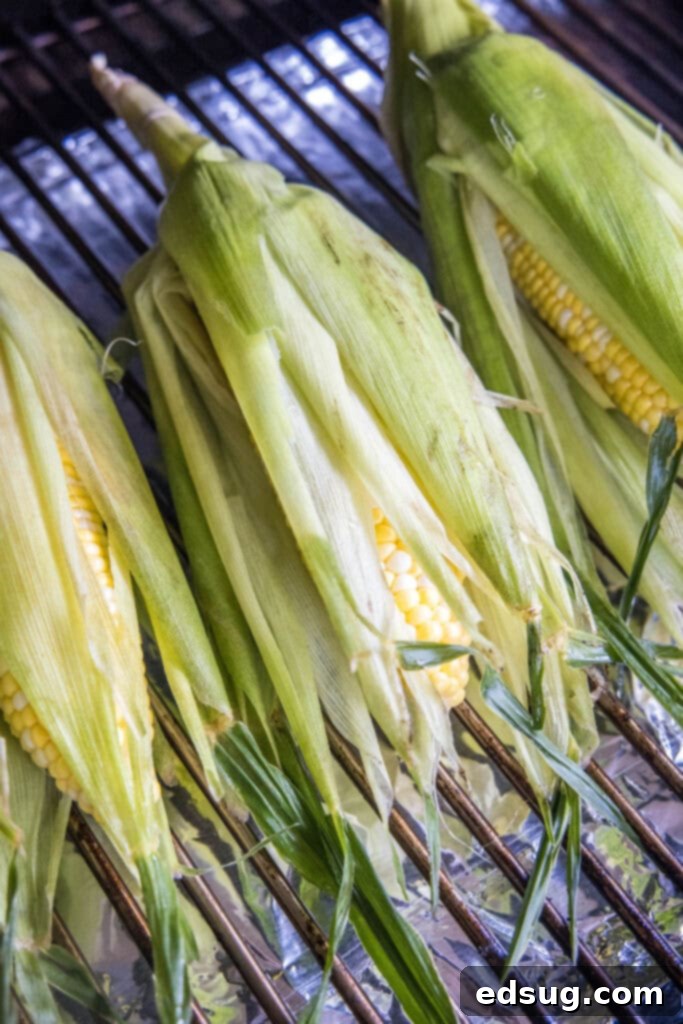 Ears of corn being placed onto the grates of a hot smoker.
