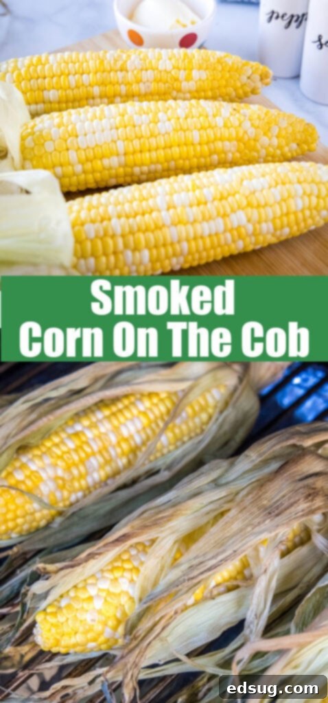 Close-up view of smoked corn on the cob cooking on the smoker, showing the smoky char.