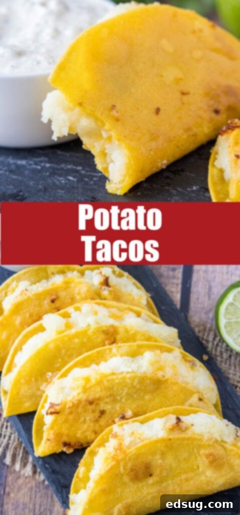 collage of potato tacos on a tray and one with a bite out of it