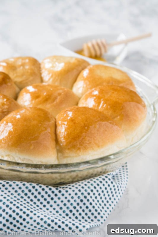 Golden Honey Butter Dinner Rolls 3 A batch of golden-brown dinner rolls baked together in a round baking dish.