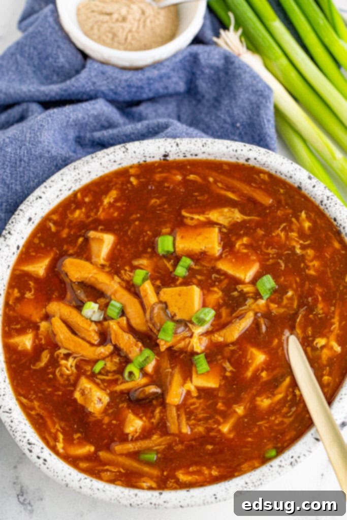A perfectly balanced bowl of homemade Hot and Sour Soup, featuring chicken, mushrooms, tofu, and delicate egg ribbons, ready to be enjoyed.